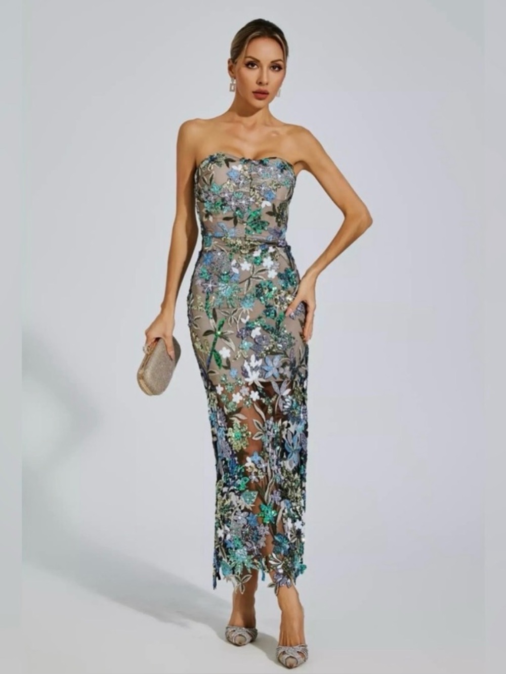 Cat hall Strapless Floral Embroidered  -Teal & Gold - L
